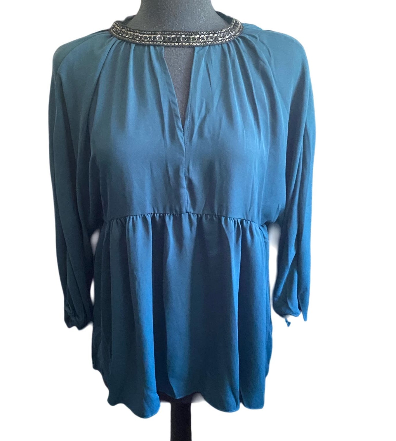 Nwt Hayden Women's Green Metal Trim Tie Neck Peplum Long Sleeve Top Size Medium